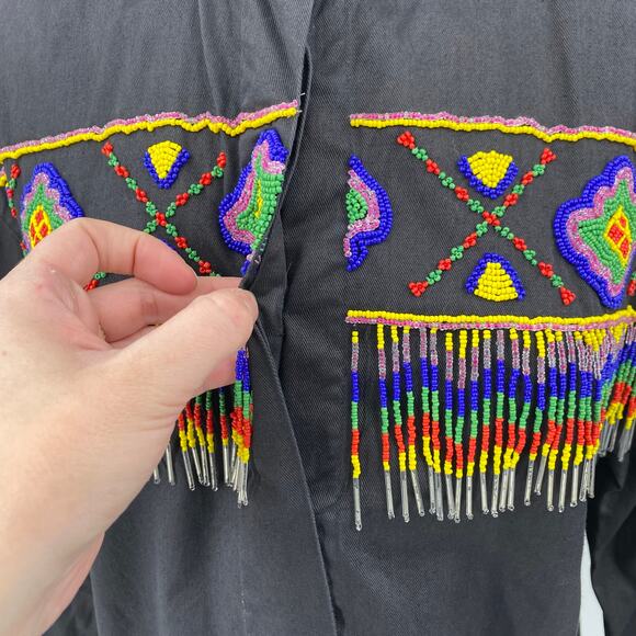 Vintage Western Shirt Cotton Button Down Front Beaded Fringe Black Womens Medium - Picture 5 of 11
